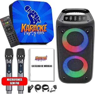 Karaoke Party Box Profissional Azul +2 Microfones Sem Fio +Caixa De Som +2000 Músicas +Catálogo (Sistema Com Pontuação)