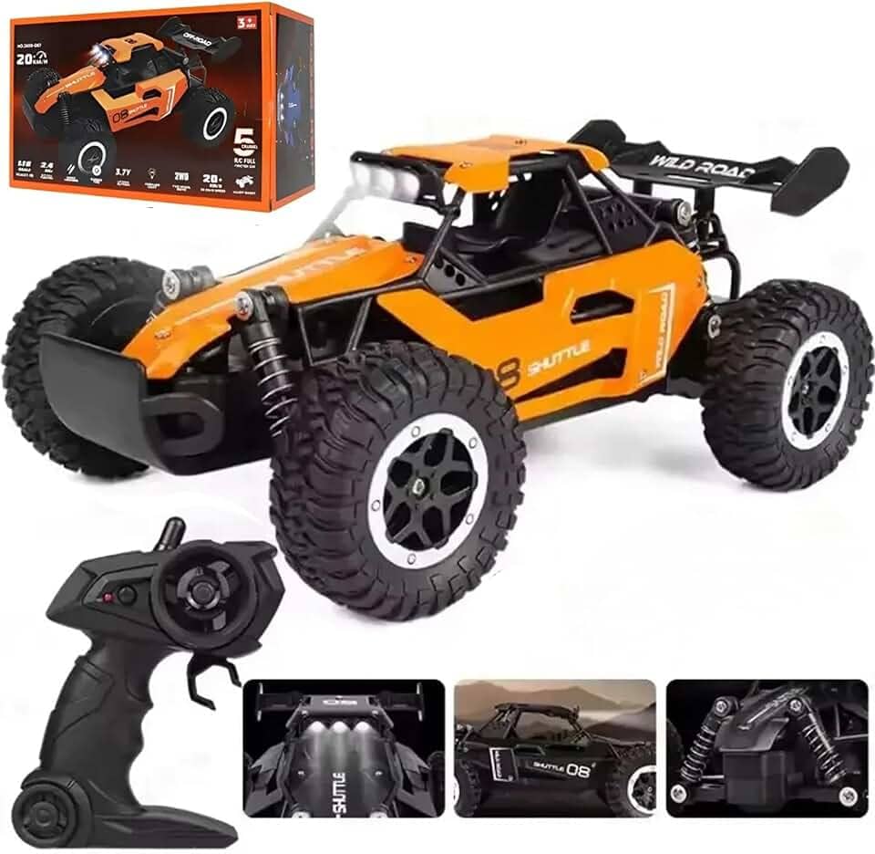 Carrinho Controle Remoto RC 1:16, Off-Road, Preto, 20km/h, Com Luzes LED, Drift Rápido, 2.4Ghz, Para Uso em Todo Terreno