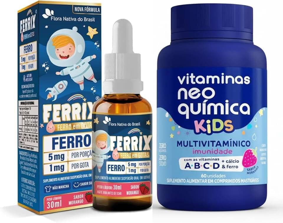 Kit Nutrição Infantil Completa – Ferrix Ferro Infantil 30 ml + Vitamina Kids Neo Química 60 Cápsulas – Suporte ao Crescimento e Imunidade – Sabor Morango