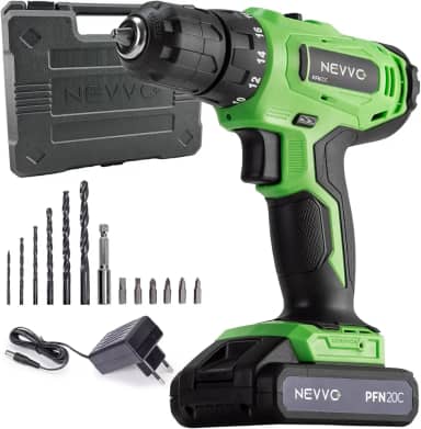 Parafusadeira e Furadeira 20V Potente 1400Rpm 3/8 Engate 10mm Sem Fio Bateria 1300mAh Recarregável Bivolt Torque Variável 18 Níveis 35Nm Com Maleta e Acessórios Profissional PFN20C NEVVO