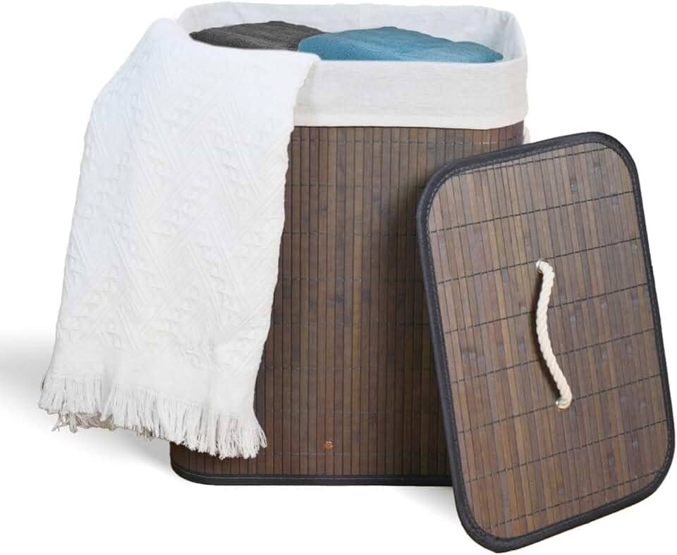 Cesto De Roupa Suja com Alças Em Bambu Com Tampa Forrado Banheiro Lavanderia Quarto