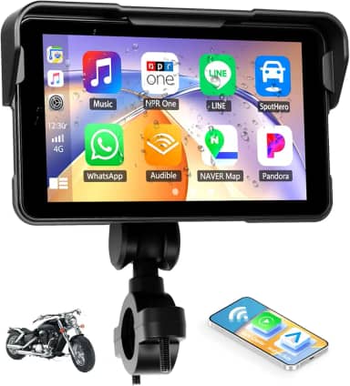 Tela CarPlay para motocicleta, Carplay portátil/Android Auto para motocicleta, tela IPS à prova d'água de 12.7 cm com rádio portátil GPS para motocicleta com conexão espelhada, Bluetooth