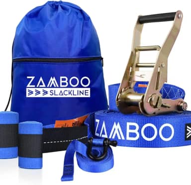 Slackline Zamboo Kit StartLine 15m x 50mm Azul Com Catraca Reforçada, Bolsa, BackUp e Protetores Suporta 3 Ton Ideal para Iniciantes Desenvolve Equilíbrio, Coordenação e Tonifica os Músculos