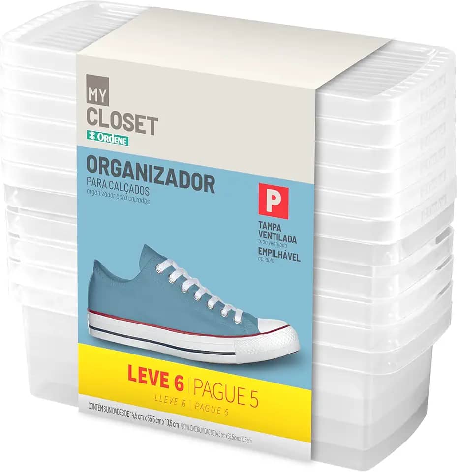Ordene - Conjunto de 6 Caixas Plástica Pequena para Sapato de Tamanho 28 à 34, Cor Cristal, Linha My Closet