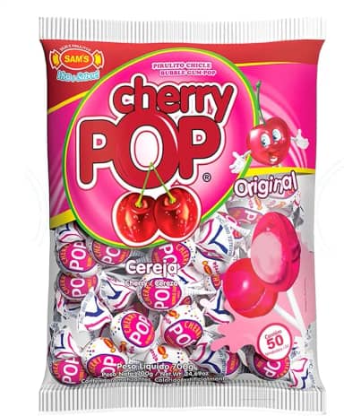 Pirulito Cherry Pop Cereja Recheio Chiclete c/50 - Sams