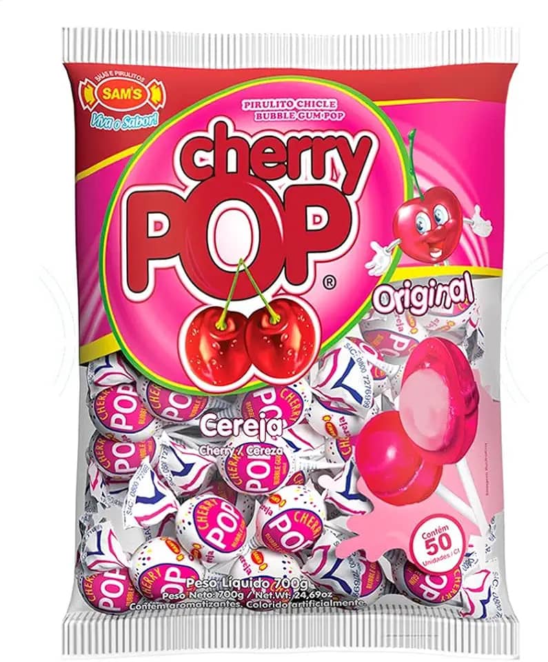 Pirulito Cherry Pop Cereja Recheio Chiclete c/50 - Sams