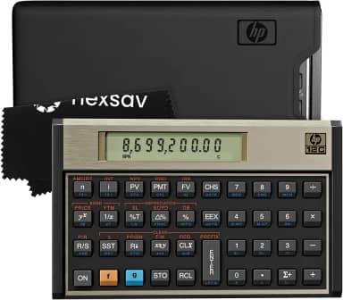HP Calculadora financeira 12C – Mais de 120 funções: TVM, NPV, IRR, amortização, cálculos de títulos, teclas programáveis – Calculadora de mesa RPN para finanças, contabilidade e imóveis – Inclui pano