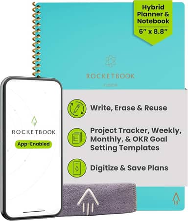 Rocketbook Caderno reutilizável Fusion Smart – com 1 caneta Pilot Frixion e 1 pano de microfibra incluído – capa Neptune Teal, tamanho executivo (15 x 22,5 cm)