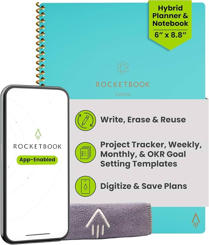 Rocketbook Caderno reutilizável Fusion Smart – com 1 caneta Pilot Frixion e 1 pano de microfibra incluído – capa Neptune Teal, tamanho executivo (15 x 22,5 cm)