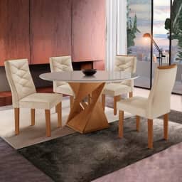Conjunto Sala de Jantar Mesa Tampo Redondo Plus Vidro 100cm com 4 Cadeiras Barcelona Cel Móveis Cinamomo/off White/suede Pena