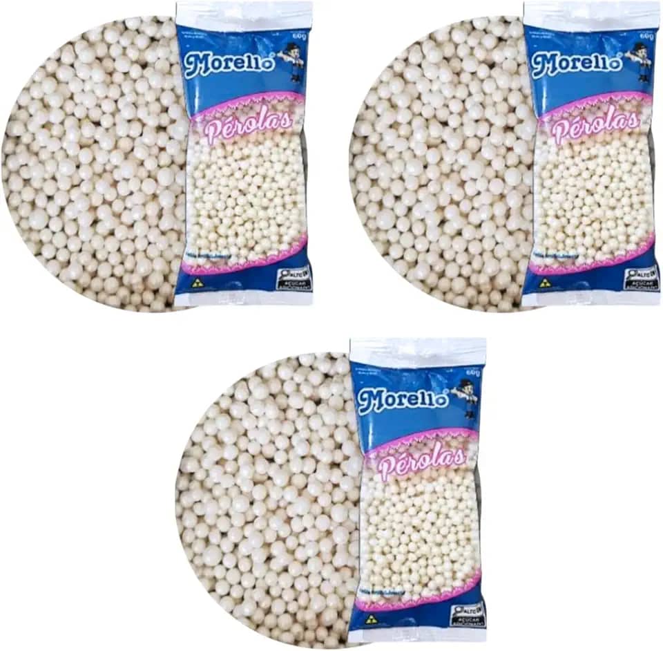 Pérolas de Açúcar Kit 3 Pacotes Confeitaria e Panificação Temas Escolha (Branco Perolado)