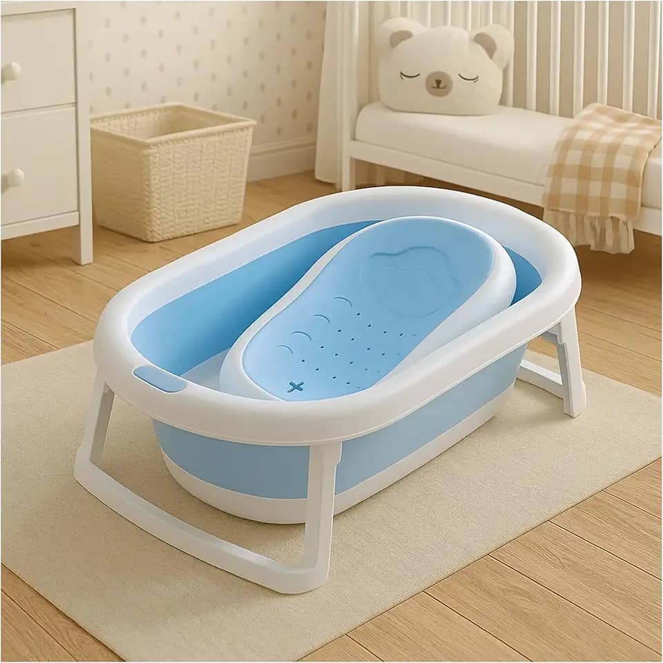 PIPDIP Kit Banheira Portátil Dobrável para bebê, Modelo 2 em 1, Com Encosto, Capacidade de até 44 Litros, Portátil, Plástico e Borracha, Branco e Azul.