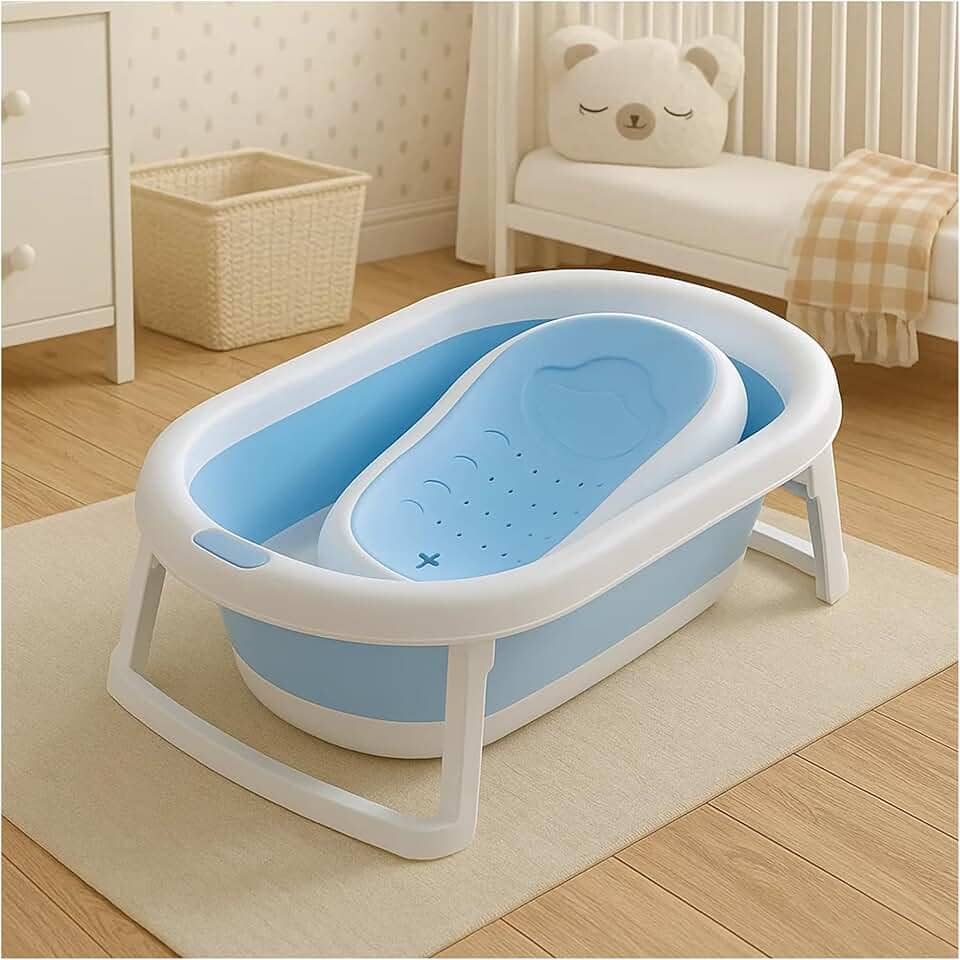 PIPDIP Kit Banheira Portátil Dobrável para bebê, Modelo 2 em 1, Com Encosto, Capacidade de até 44 Litros, Portátil, Plástico e Borracha, Branco e Azul.