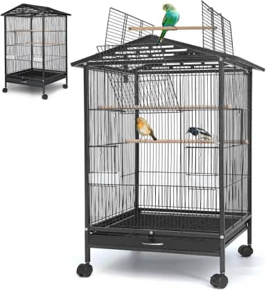 86 * 46.5 * 45.5 cm Gaiola de Pássaro Grande com Teto Duplo, Gaiola Porta-Pássaros Doméstica Portátil, Gaiola de Pássaro Grande com Caixa de Comida e Poste, Gaiola para Periquito