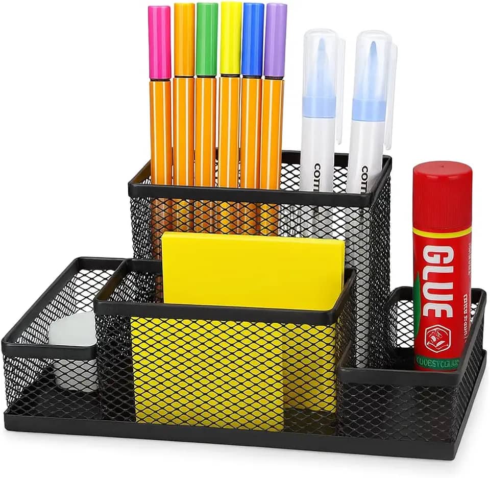 Porta Lápis Organizador de Mesa Caneta Clips Lembrete Multifuncional em Metal Preto com Divisórias para Escritório, Escola e Home Office
