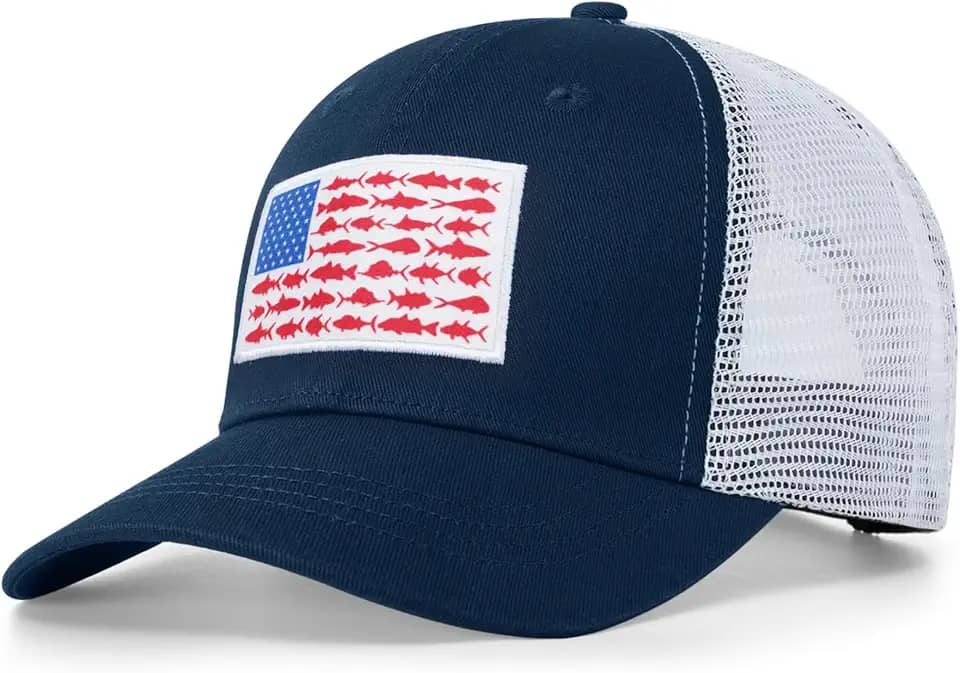 Chapéus de caminhoneiro com bandeira de peixe americano - presentes de pesca para homens - bonés de pesca snapback para uso ao ar livre perfeitos para acampamento e uso diário