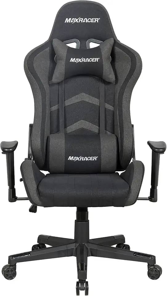 MAX RACER - Cadeira Gamer Aggressive - Cadeira Ergonômica para Jogos - Até 150kg, Braços com Regulagem de Altura, Tecido Poliéster Frio, Inclinação 180°, Almofada Cervical e Lombar - Preto e Cinza