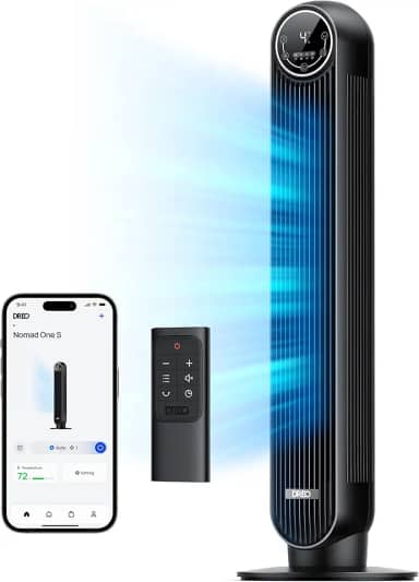 Dreo Ventilador de torre inteligente, ventiladores silenciosos de 28 dB para quarto, ventilador elétrico de velocidade de 7,3 m/s, ventilador oscilante de 90° sem pás, controle remoto de