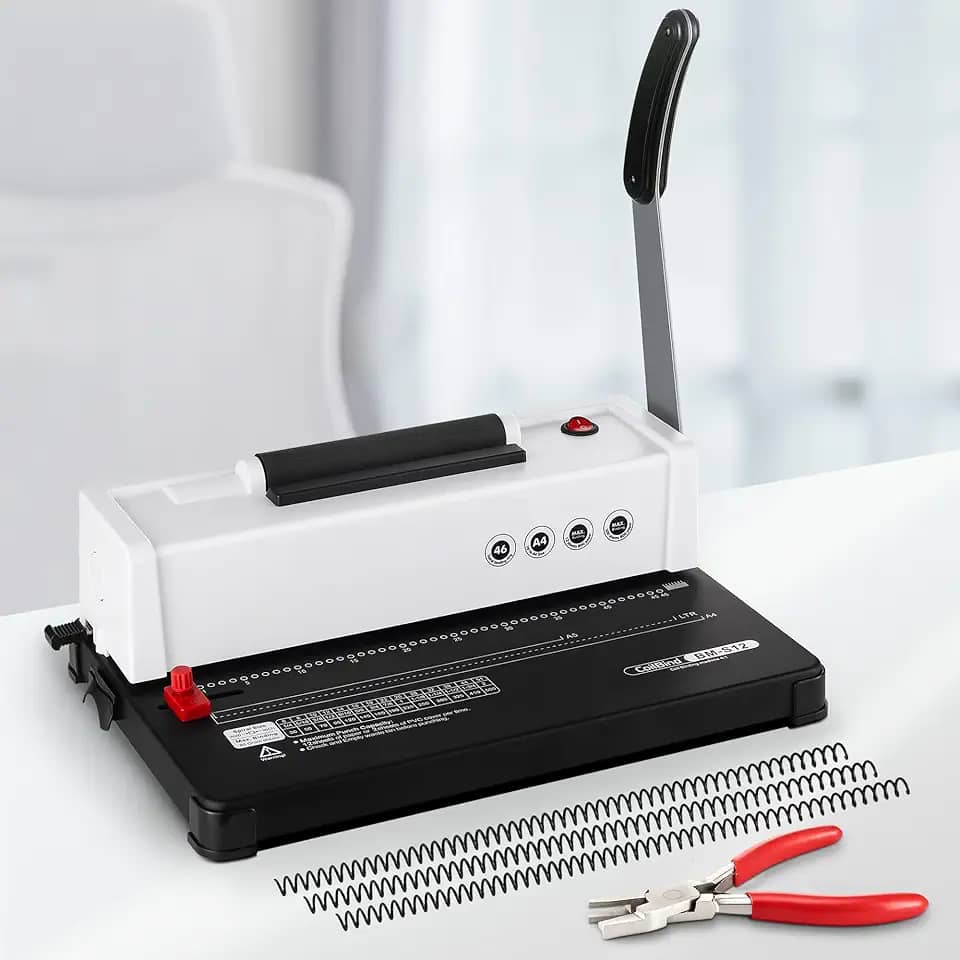 Máquina de encadernação em espiral, capacidade de perfuração de 12 folhas, inserção de bobina elétrica, máquina de encadernação de livros para papel tamanho A4/A5/carta, com 1 caixa de bobinas e