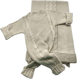 Saída Maternidade Recem Nascido Macacão e Manta Trança Tricot - Unissex,areia