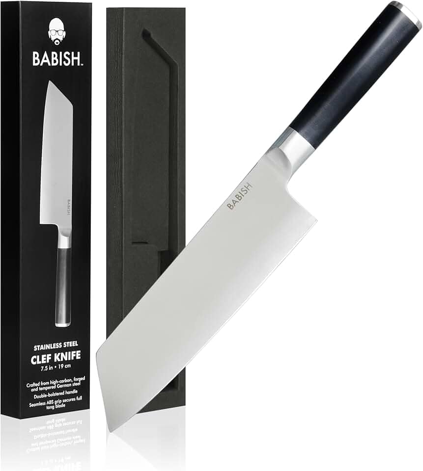 Babish Talheres de aço alemão de alto carbono 1.4116, faca de cozinha de 19 cm Clef (cutelo + Chef), faca de destaque de boa limpeza de 2022