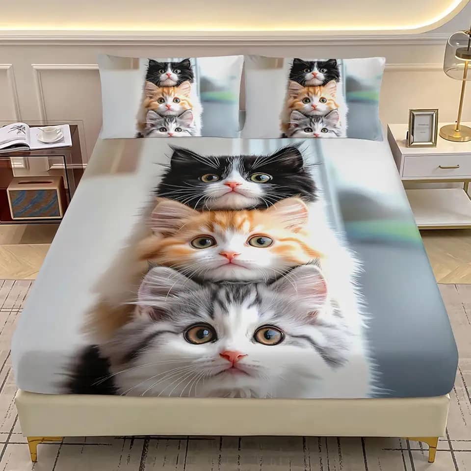 AILONEN Jogo de lençol kawaii Queen com tema de gato, gatinho fofo, para crianças, meninos e meninas, lençol com bolso profundo com 2 fronhas, 3 peças