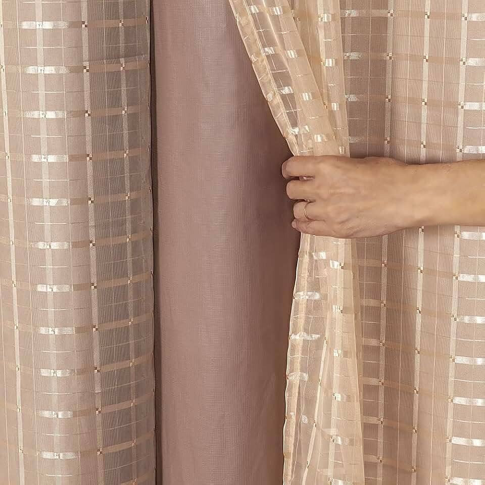 Cortina Blackout PVC c/Tecido Voil Xadrez 2,80 x 1,60 - Sala, Quarto, Escritório, Cozinha... (Avelã)