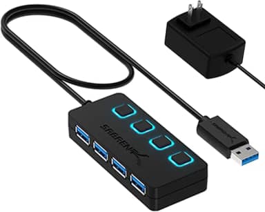 SABRENT Hub USB 3.0 de 4 portas com interruptores de alimentação individuais iluminados por LED, inclui adaptador de alimentação 5V/2,5A (HB-UMP3)