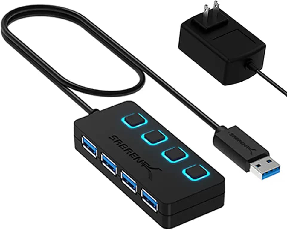SABRENT Hub USB 3.0 de 4 portas com interruptores de alimentação individuais iluminados por LED, inclui adaptador de alimentação 5V/2,5A (HB-UMP3)