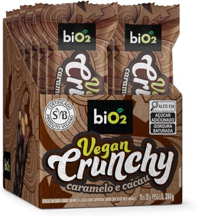 Barra de Cereal biO2 Vegan Crunchy Caramelo e Cacau, Caixa com 10 unidades de 28 g, Vegana e sem Glúten