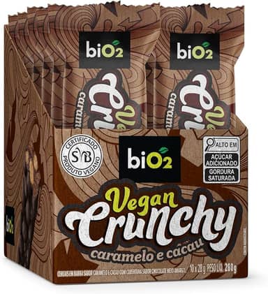 Barra de Cereal biO2 Vegan Crunchy Caramelo e Cacau, Caixa com 10 unidades de 28 g, Vegana e sem Glúten