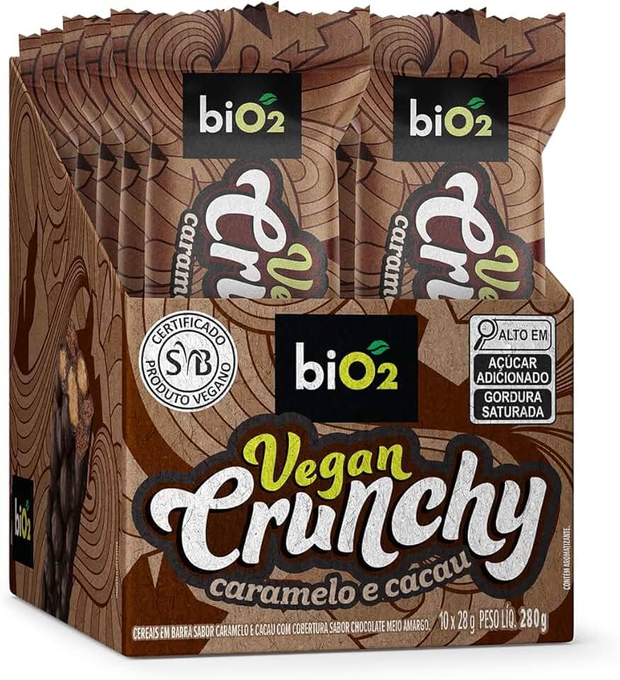 Barra de Cereal biO2 Vegan Crunchy Caramelo e Cacau, Caixa com 10 unidades de 28 g, Vegana e sem Glúten