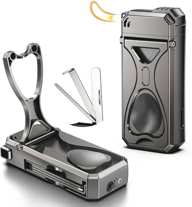 Isqueiro de cachimbo, isqueiro 4 em 1 com suporte de tubo, 3 ferramentas dobráveis de limpeza de tubos, butano recarregável, conjunto de cachimbos masculino presente (cinza)