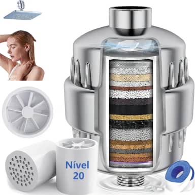 1 Filtro de Chuveiro com 2 Pacotes de Substituição de Filtro de Chuveiro de 20 Estágios, Amaciante de Água Pesado para Remover Cloro, Flúor, Metais Pesados, Ferro, Melhorar Sua Pele e Cabelo