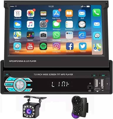 Central Multimidia Automotivo Tela Sensível ao Toque Retrátil de 7 Polegadas com Android Auto, CarPlay, Bluetooth e Câmera - Ideal para Dirigir com Segurança e Entretenimento em Viagens