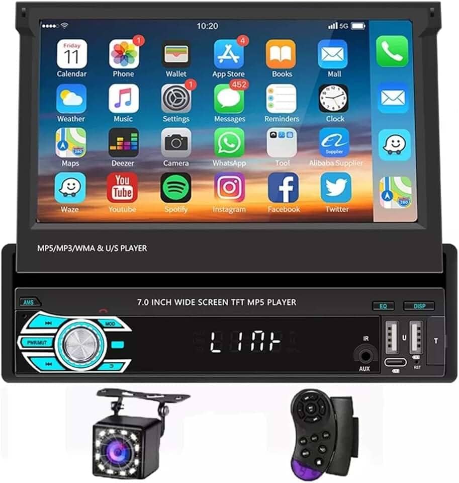 Central Multimidia Automotivo Tela Sensível ao Toque Retrátil de 7 Polegadas com Android Auto, CarPlay, Bluetooth e Câmera - Ideal para Dirigir com Segurança e Entretenimento em Viagens