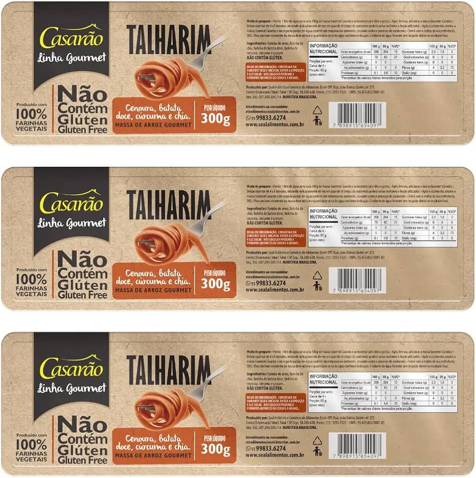 Kit 3 Pacotes de Talharim Cenoura, Batata Doce, Cúrcuma e Chia Sem Glúten de 300g cada - Casarão