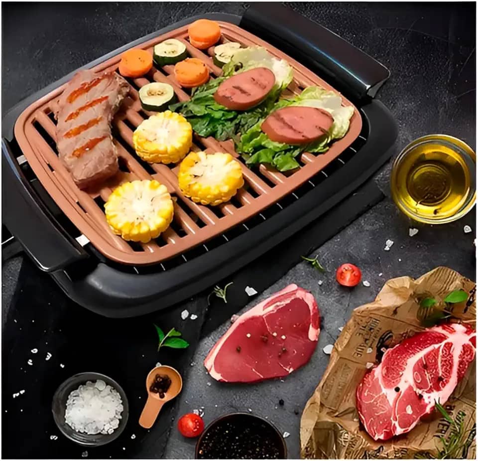 Churrasqueira Elétrica 110V Sem Fumaça Portátil por Indução – Grill Antiaderente 1500W para Carnes, Peixes e Legumes, Aquecimento Rápido, Design Compacto, Fácil Limpeza para Cozinha ou Varanda