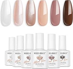 modelones Kit de esmalte de gel – Conjunto de 6 cores de esmalte de gel marrom nude outono sem hema, brilho brilhante, kit de esmalte de gel branco neutro de imersão em U v LED, presentes de manicure