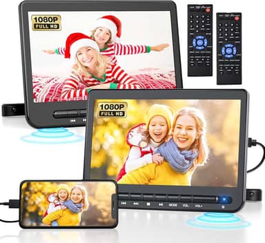 10.5" Dual Portable DVD Player for Car with 1080P HDMI Input, DESOBRY Rechargable Car DVD Player Dual Screen Play A Same or Two Different Movies, 5-Hour Battery, Support USB,AV in/Out, Last Memory