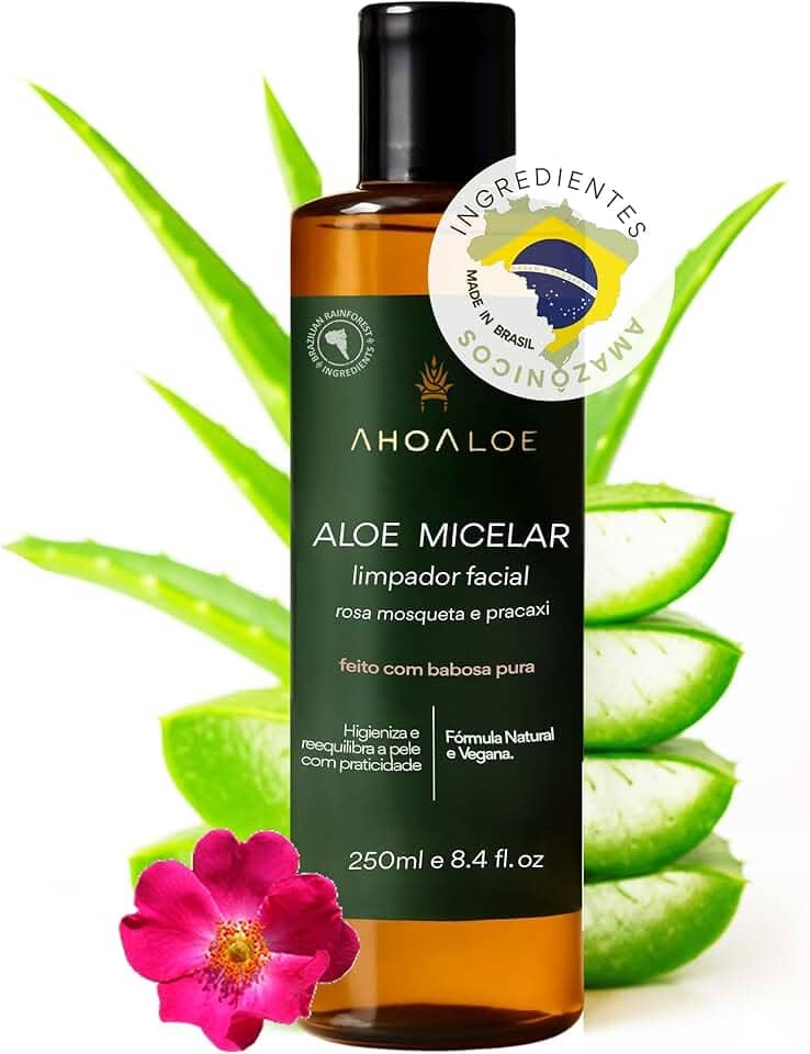 AHOALOE Água Micelar Demaquilante Aloe Micelar - Limpador Facial - Babosa, Rosa Mosqueta e Pracaxi - Ingredientes Naturais - Higieniza, Hidrata e Equilibra a Pele - Todos os Tipos de Pele 250ml