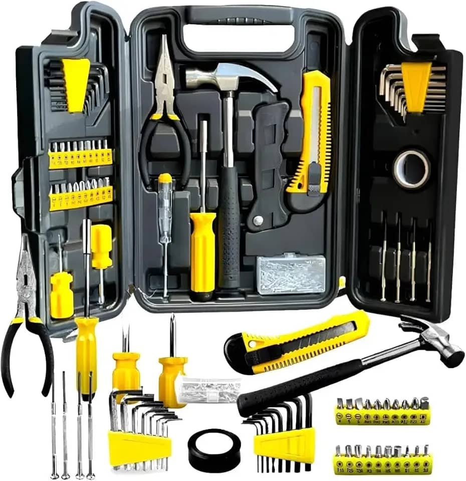 Kit Ferramentas 200 Peças com Maleta Preta – Profissional e Doméstico, Completo com Martelo, Estilete, Bits, Chaves, Fixadores e Mais – Aço Carbono e PP