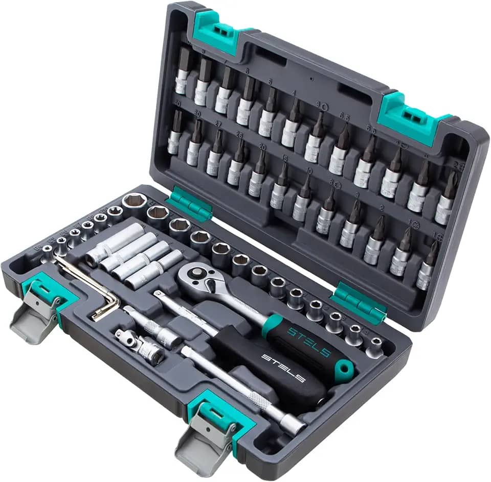 Stels Jogo de Ferramentas 57 Peças 1/4' - Aço Cromo Vanádio - Catraca 72 Dentes + Acessórios - Caixa Plástica Resistente - Ideal para Mecânica e Reparos Domésticos
