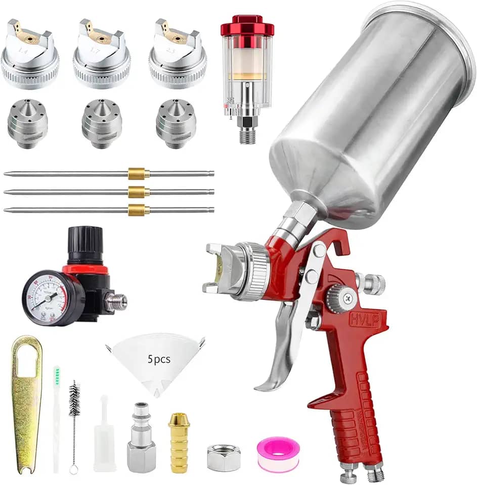 RRJ Pistola de tinta spray HVLP com regulador de ar, bocais de 1,4/1,7/2,5 mm, copo de 1000cc, pistola de pintura automotiva, pistola de pintura para pintura doméstica, móveis, cerca