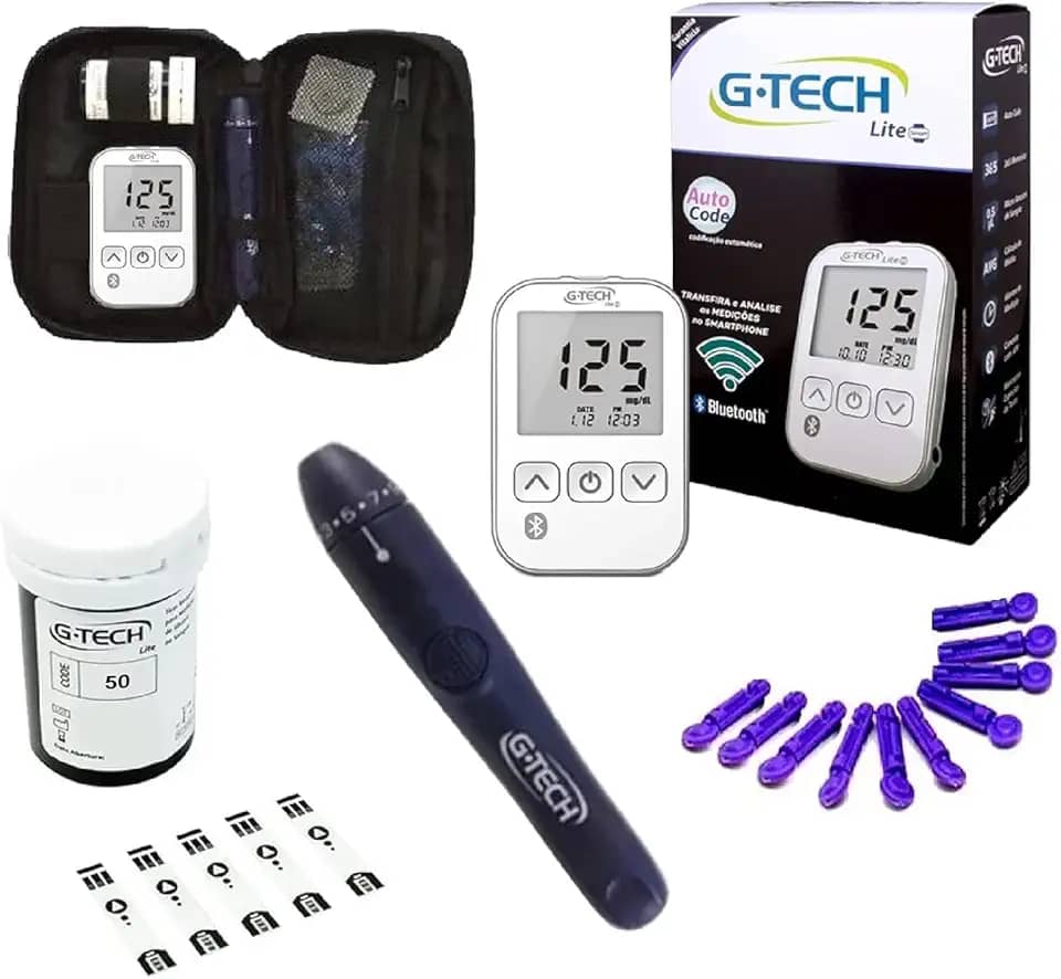 Kit Medidor de Glicose G-Tech Lite Smart Bluetooth 60 Tiras 10 Lancetas + Caneta e Estojo