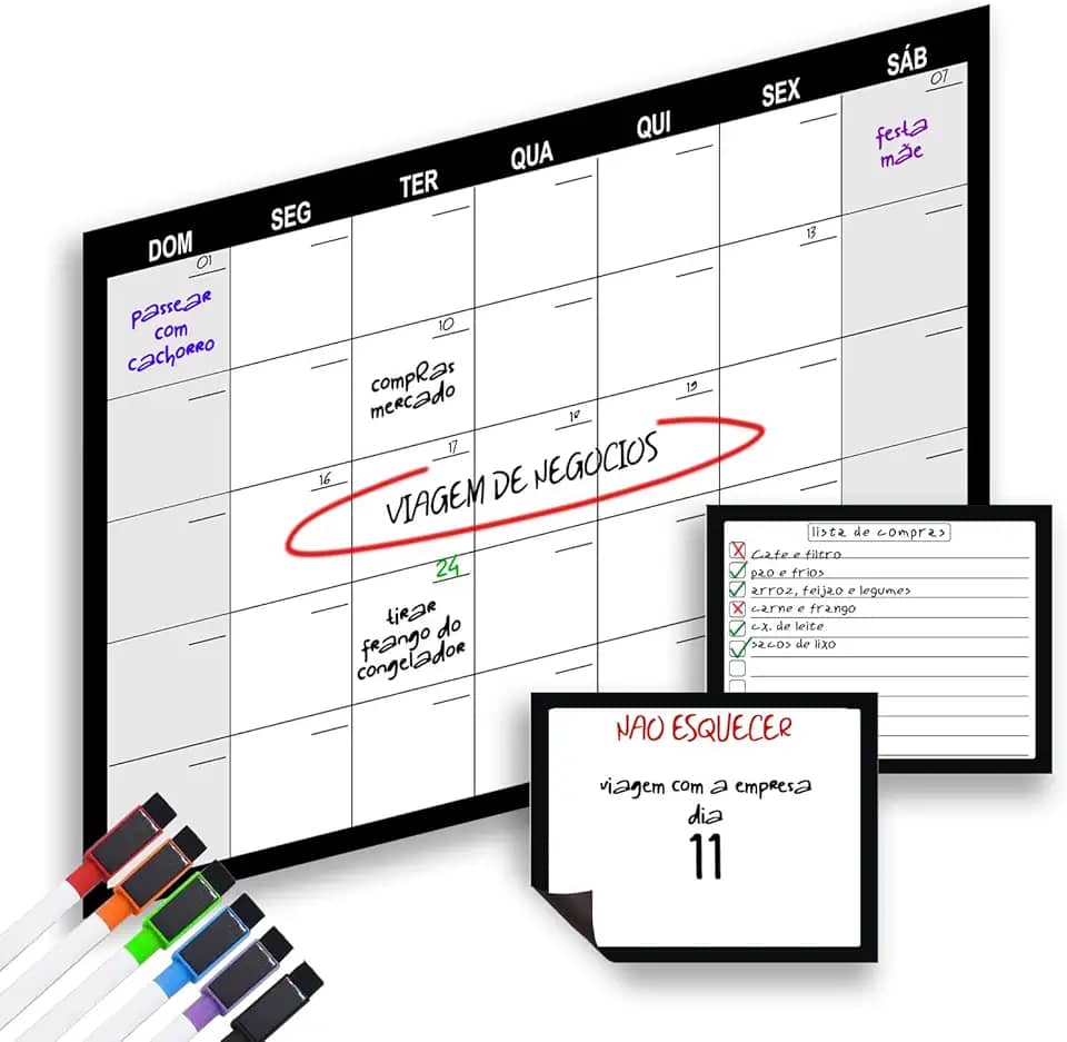 Quadro branco Imã de geladeira planner mensal magnético para geladeira jogo com calendário mensal grande e dois quadros para anotações/coisas a fazer/compras com 6 marcadores magnéticos incluídos.