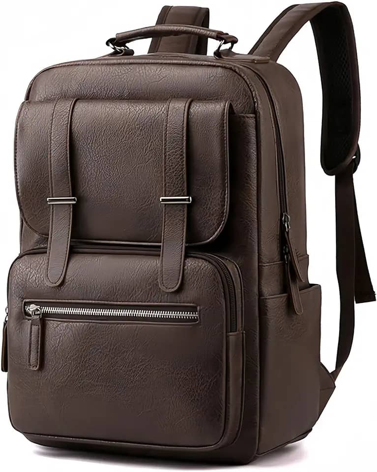 Mochila de Couro Sintético para Adulto, Cabe Notebook de 15,6 Polegadas