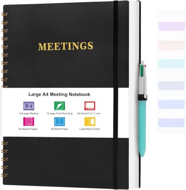Meeting Notebook for Work, Notebooks for Work 8.5" x 11", Professional Meeting Notes Notebook for Women Men, Large Spiral Notebook with Numbered Page, Sticky Tabs, PVC Pockets for Organization, Black