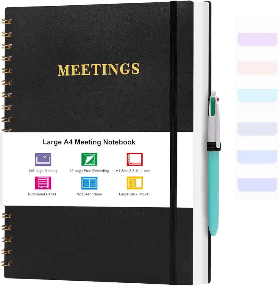 Meeting Notebook for Work, Notebooks for Work 8.5" x 11", Professional Meeting Notes Notebook for Women Men, Large Spiral Notebook with Numbered Page, Sticky Tabs, PVC Pockets for Organization, Black