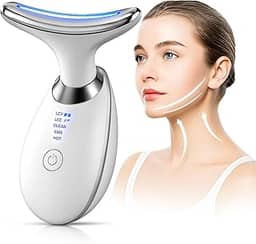 Massageador Facial e Pescoço LED 3 Cores com EMS e Vibração – Lifting, Redução de Rugas, Queixo Duplo e Linhas de Expressão – Portátil, Recarregável, Estimulador de Colágeno